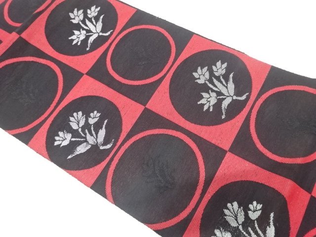 紗　市松に花模様織り出し　名古屋帯